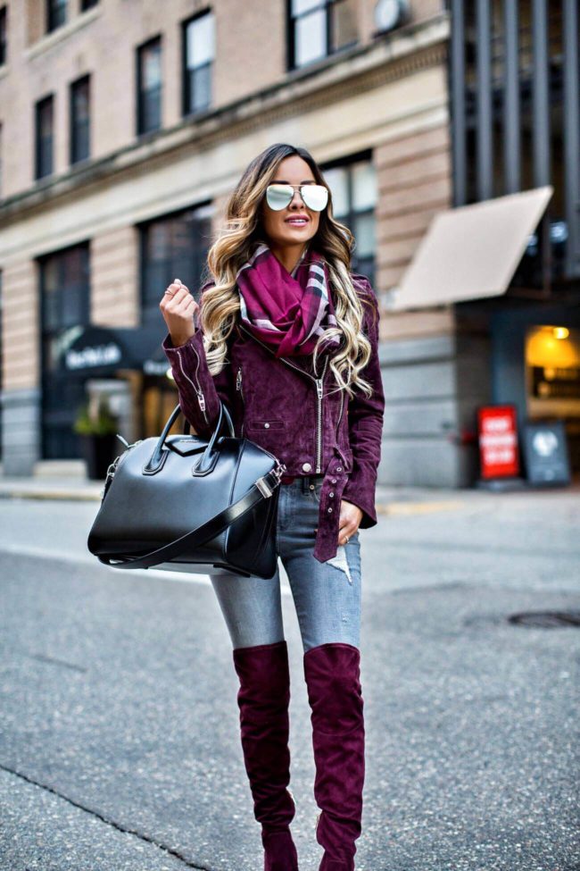 fashion blogger mia mia mine wearing a burberry scarf from nordstrom and burgundy over-the-knee boots
