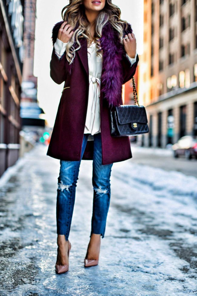 fashion blogger mia mia mine wearing a burgundy coat from nordstrom and a chanel bag
