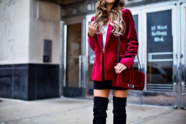 fashion blogger mia mia mine wearing a burgundy velvet blazer from nordstrom and a rebecca minkoff velvet bag