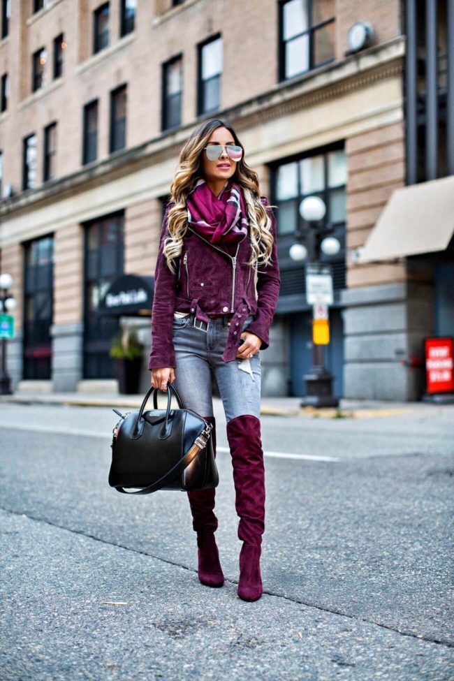 fashion blogger mia mia mine wearing a burberry plaid scarf from nordstrom and burgundy over-the-knee boots