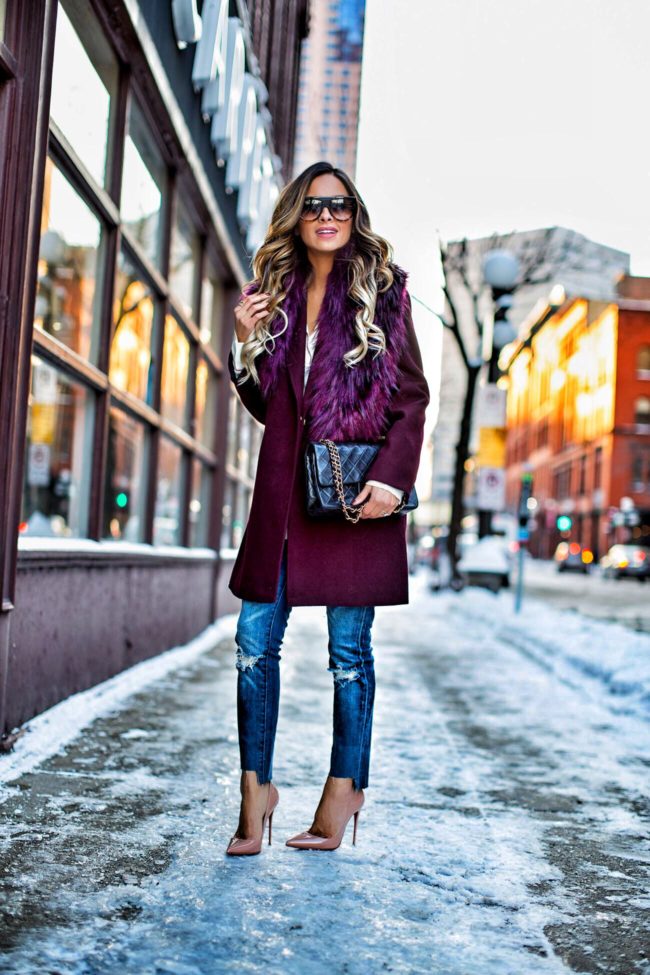 fashion blogger mia mia mine wearing a burgundy coat by topshop and blanknyc jeans from nordstrom