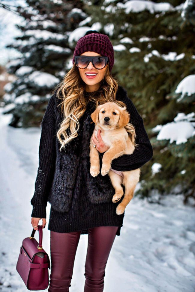 fashion blogger mia mia mine with her golden retriever puppy and wearing a winter outfit from nordstrom