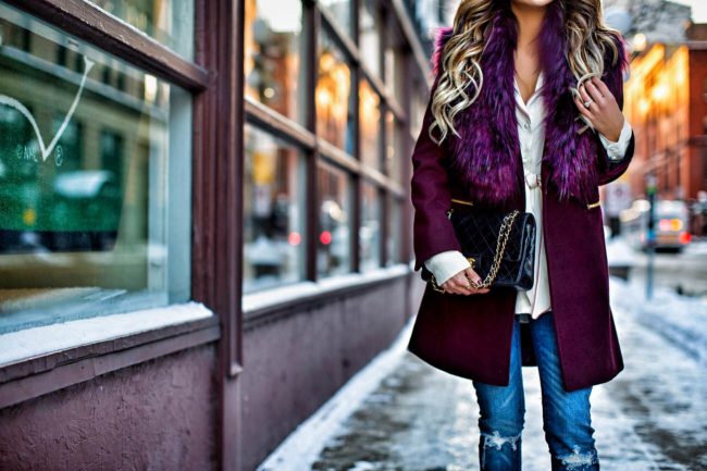 fashion blogger mia mia mine wearing a burgundy topshop coat from nordstrom and a chanel bag