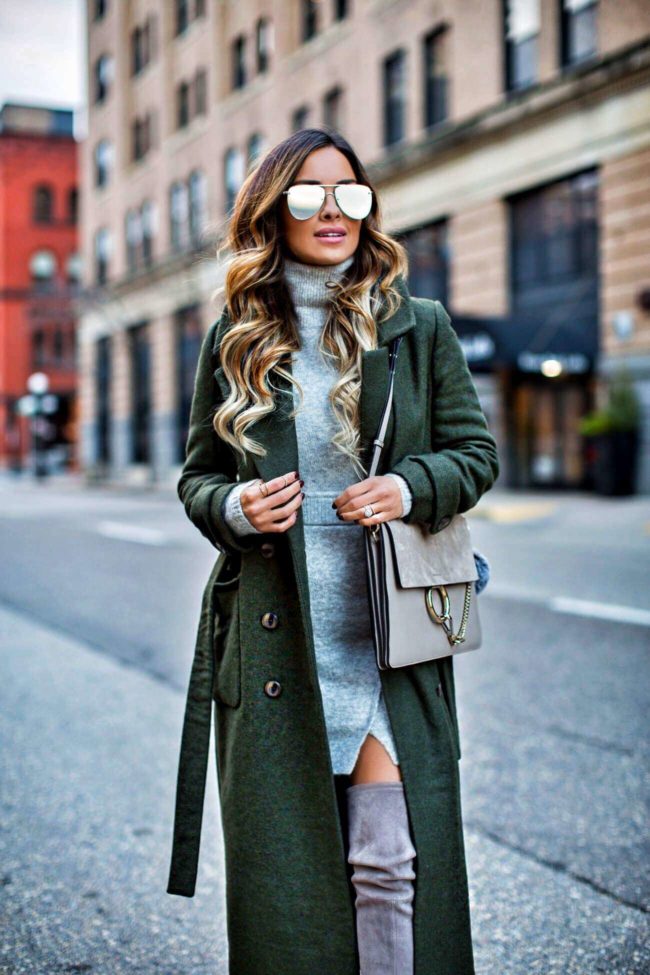 fashion blogger mia mia mine wearing mirrored aviator sunglasses from nordstrom and a green trench coat from asos