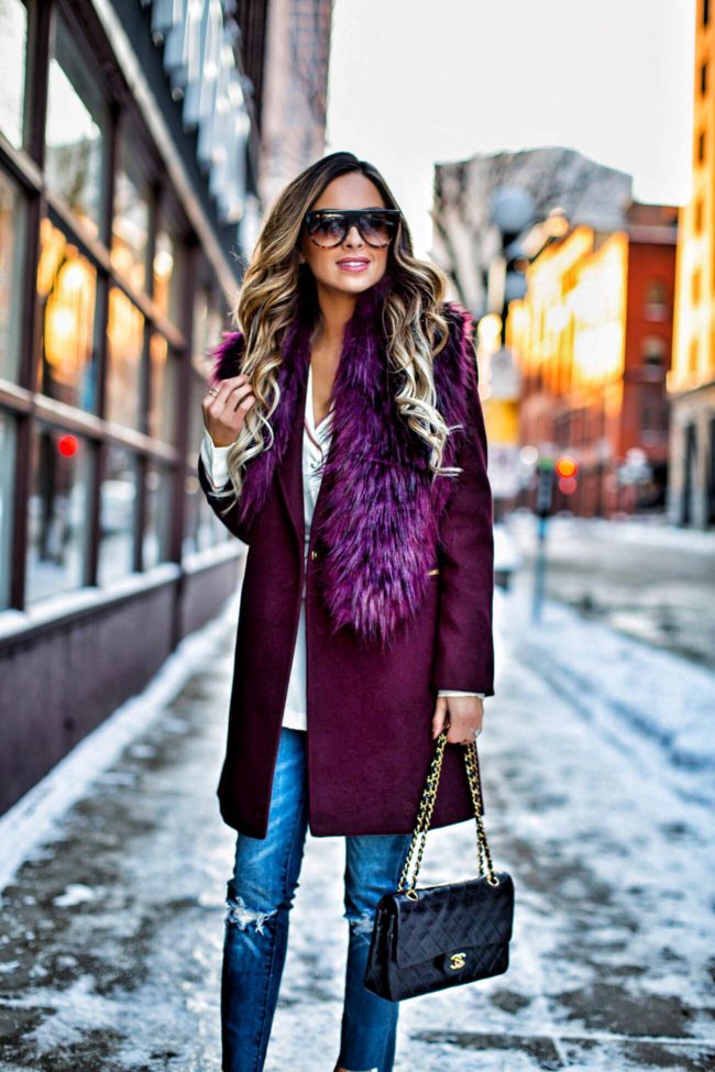 mn fashion blogger mia mia mine wearing a burgundy faux fur scarf and topshop coat for winter