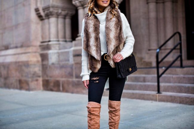 fashion blogger mia mia mine wearing a faux fur vest from nordstrom