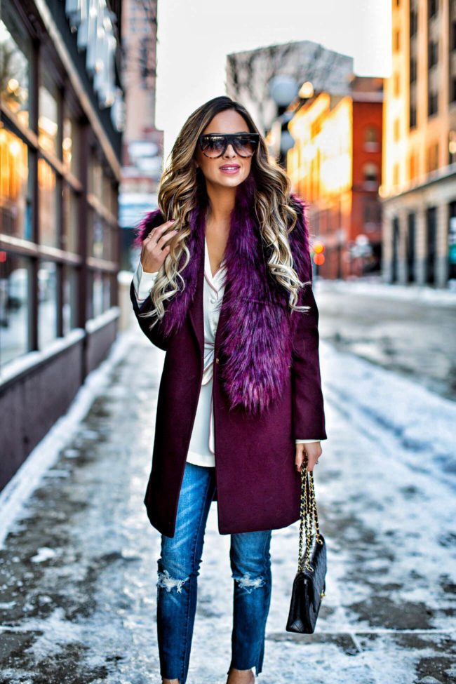 mn fashion blogger mia mia mine wearing a burgundy coat from topshop and a burgundy faux fur stole from nordstrom