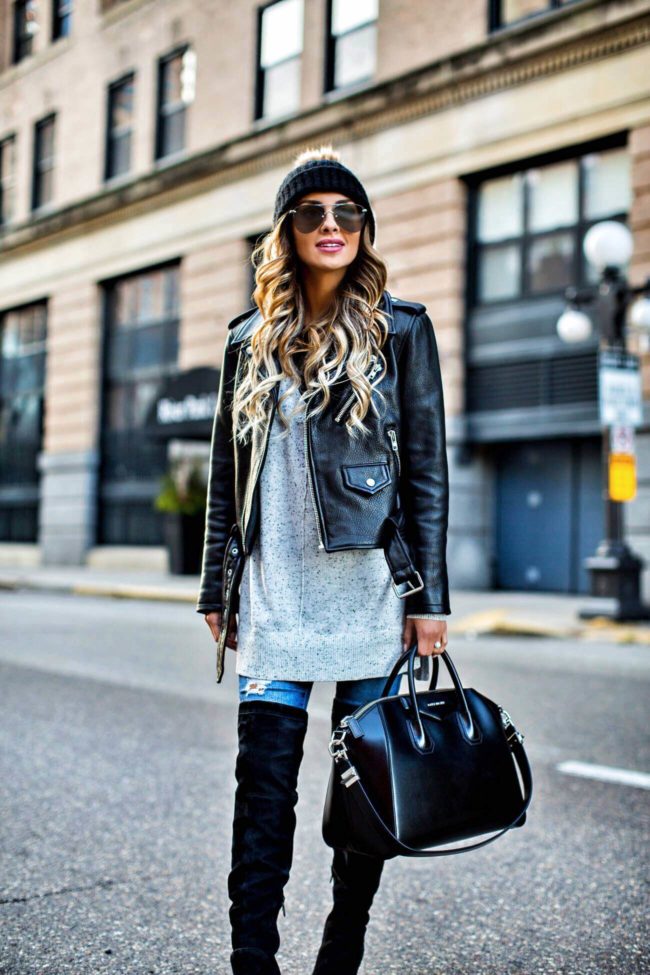 fashion blogger mia mia mine wearing a pompom beanie from nordstrom and a givenchy bag