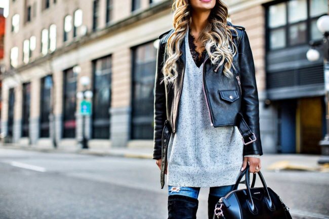 fashion blogger mia mia mine in a leather jacket and lace tunic sweater from nordstrom