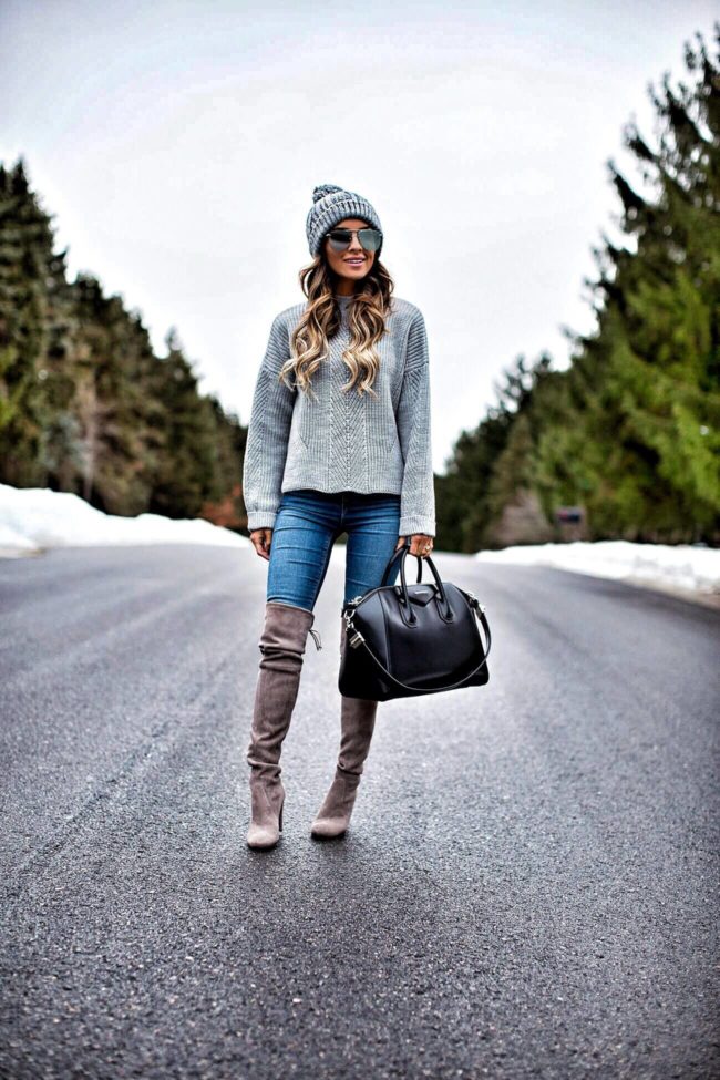 fashion blogger mia mia mine wearing a topshop sweater and a cable knit beanie from nordstrom