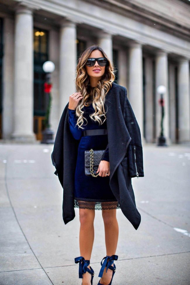 fashion blogger mia mia mine wearing a velvet dress from nordstrom and a chanel bag