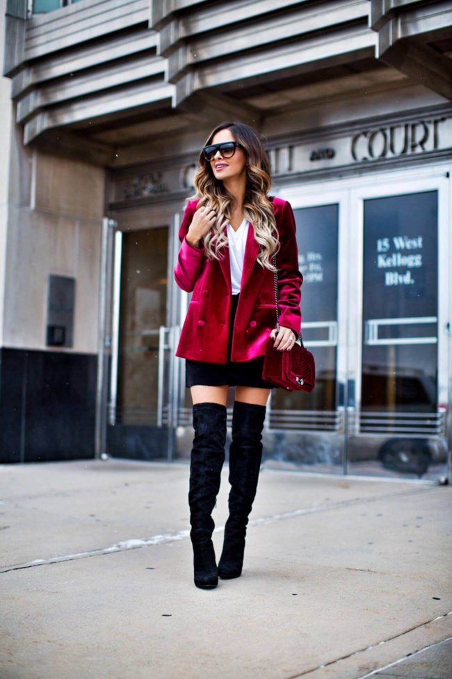 fashion blogger mia mia mine in a topshop burgundy velvet blazer from nordstrom and sam edelman over-the-knee boots