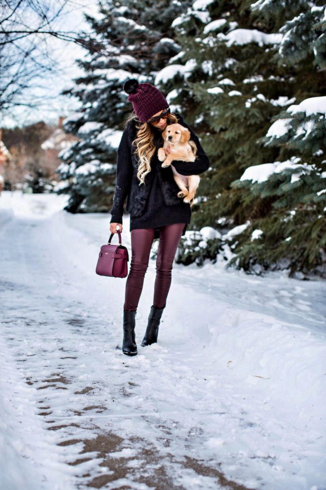 fashion blogger mia mia mine wearing burgundy leather pants from nordstrom