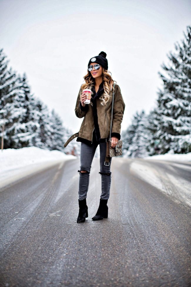 fashion blogger mia mia mine wearing a topshop khaki jacket and a Herschel beanie hat from nordstrom