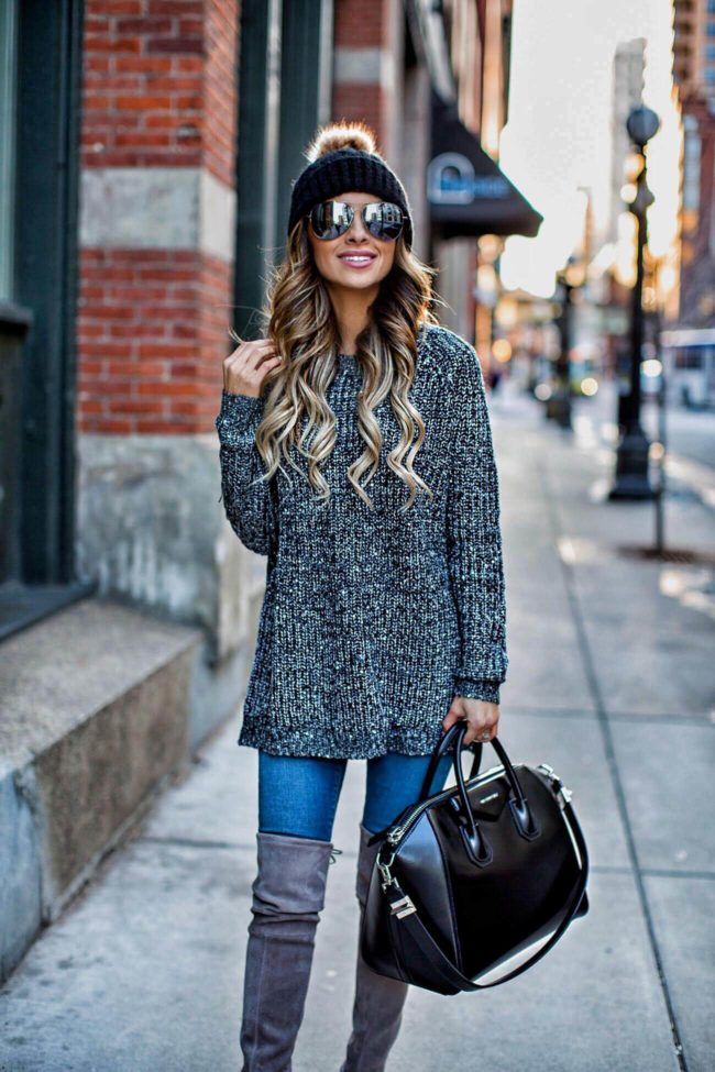 fashion blogger mia mia mine wearing a bb dakota sweater and over-the-knee boots from nordstrom