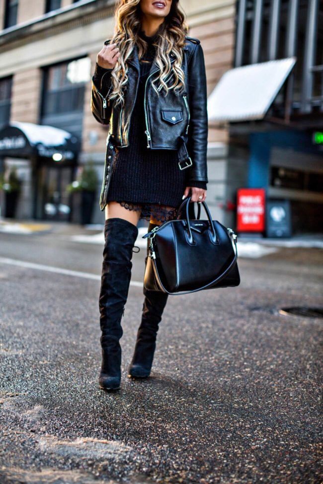 fashion blogger mia mia mine wearing a lace slipdress and over-the-knee boots from nordstrom