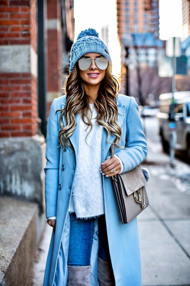 mn fashion blogger mia mia mine wearing a baby blue coat from nordstrom and a chloe faye medium bag