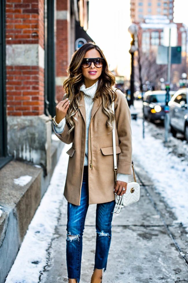 mn fashion blogger mia mia mine wearing a camel coat from nordstrom and a gucci marmont bag