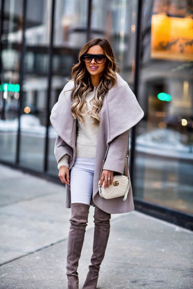 fashion blogger mia mia mine wearing a t tahari coat from nordstrom and a gucci marmont white bag