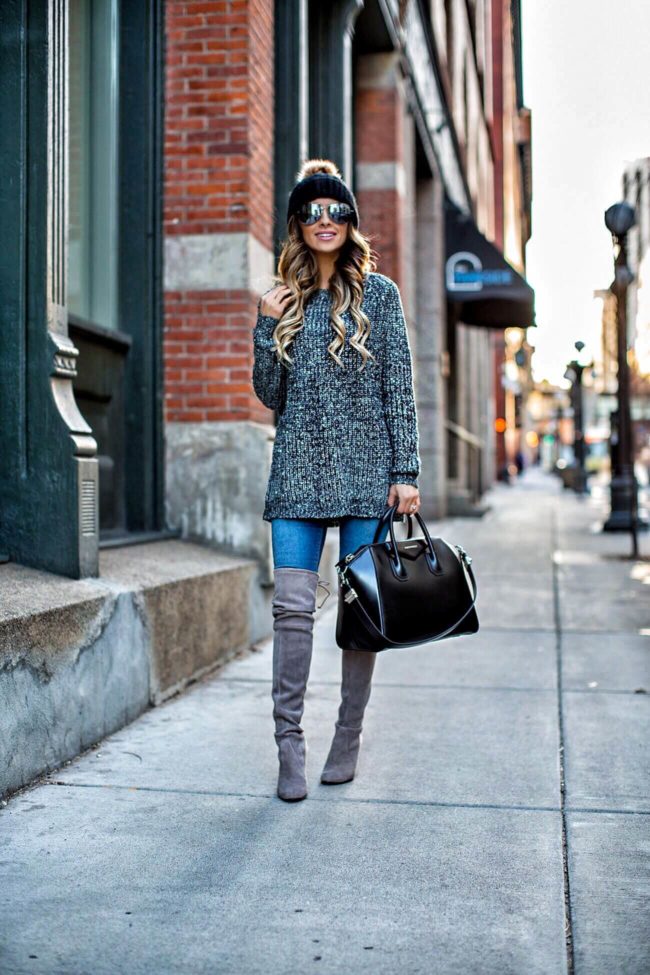 fashion blogger mia mia mine in a gray sweater from revolve and stuart weitzman over-the-knee boots from nordstrom