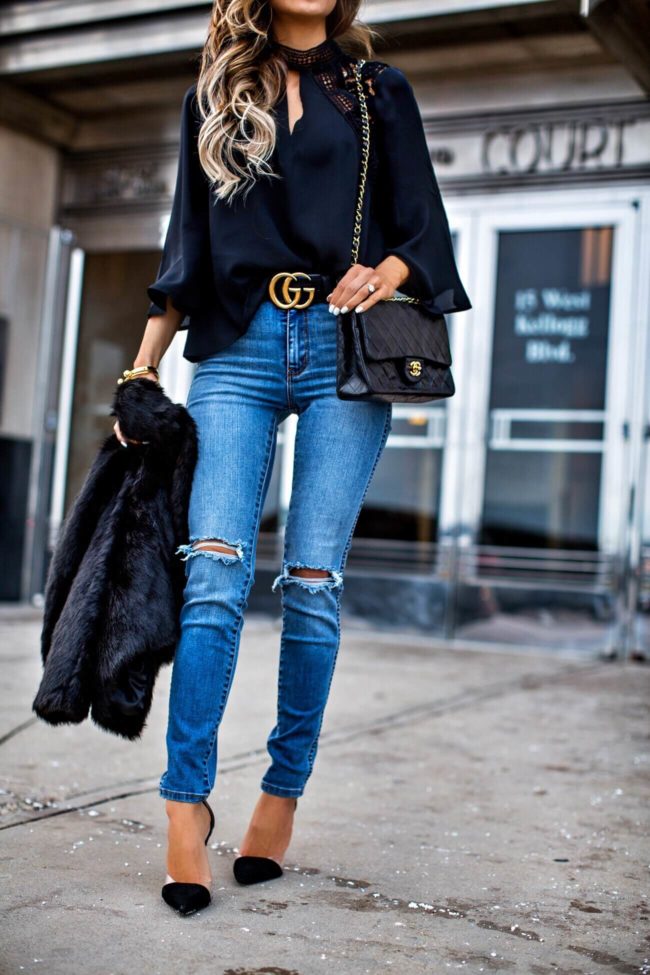 fashion blogger mia mia mine wearing a gucci belt, chanel bag and zara heels