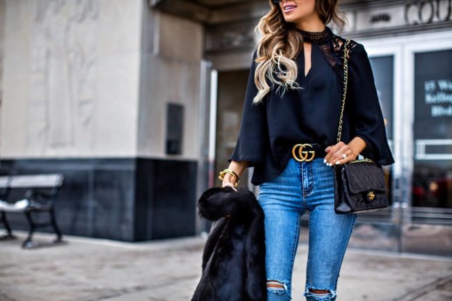 mn fashion blogger mia mia mine wearing a gucci double g buckle belt and a chanel bag