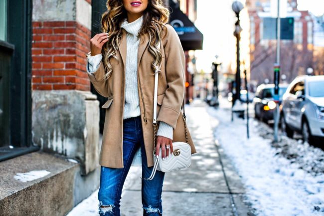 fashion blogger mia mia mine wearing a camel coat from nordstrom and a gucci marmont bag