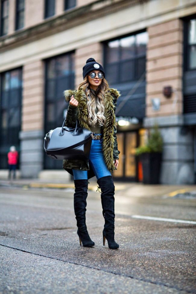 fashion blogger mia mia mine wearing a camo coat from nordstrom and sam edelman over-the-knee boots from nordstrom