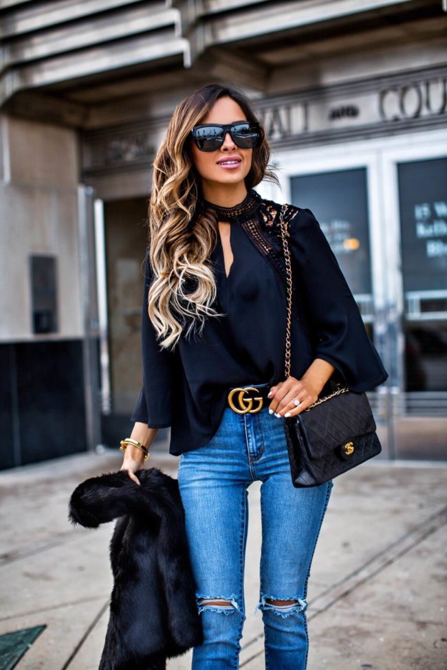 mn fashion blogger mia mia mine wearing a statement sleeve top from jc penney and a gucci double g buckle belt