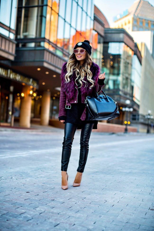 fashion blogger mia mia mine wearing a burgundy suede blanknyc jacket from nordstrom