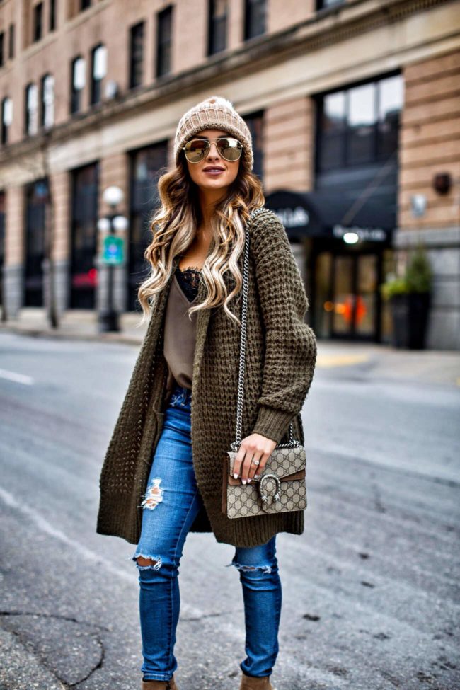 mn fashion blogger mia mia mine wearing an olive waffle knit cardigan and ag jeans from nordstrom