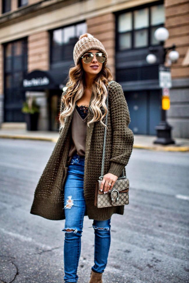 fashion blogger mia mia mine wearing a nordstrom camel beanie hat and a waffle knit cardigan
