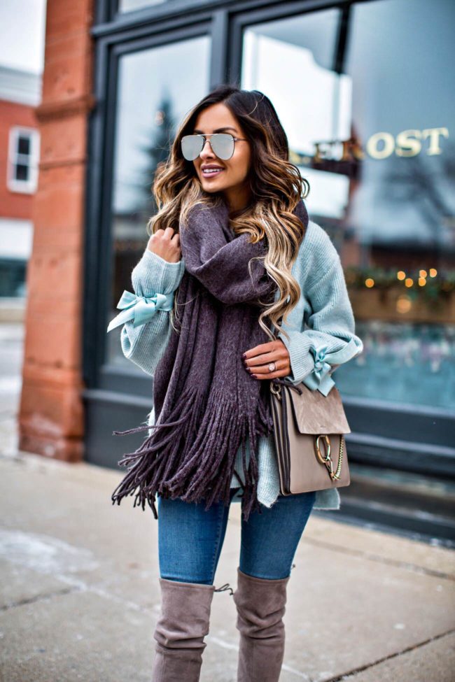 fashion blogger mia mia mine wearing a chloe faye medium bag and a free people brushed scarf from nordstrom
