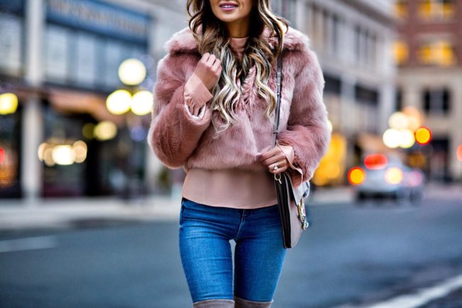 fashion blogger mia mia mine wearing a blush jacket and a chloe faye medium bag