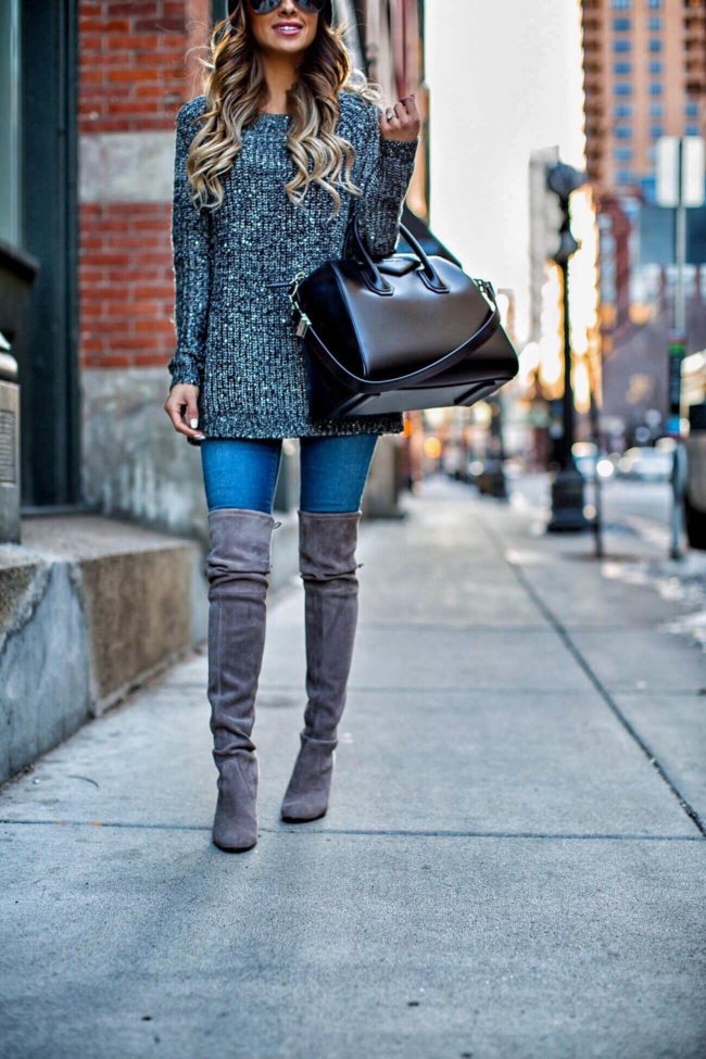 fashion blogger mia mia mine in a gray sweater from revolve and stuart weitzman over-the-knee boots from nordstrom