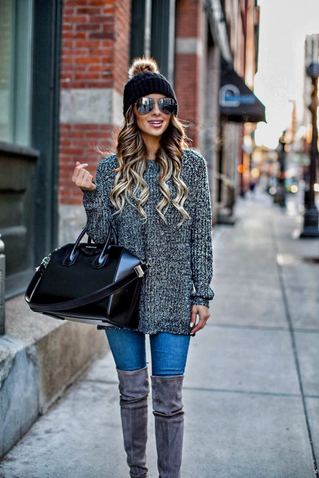 fashion blogger mia mia mine in a gray sweater and black givenchy antigona tote 
