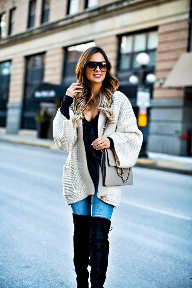 fashion blogger mia mia mine wearing a rollas cardigan and a bodysuit from nordstrom