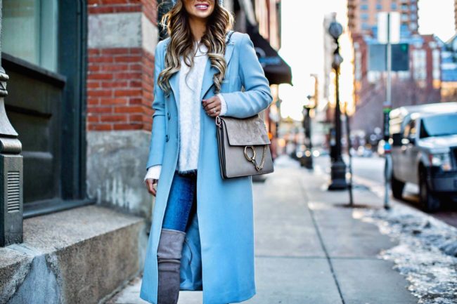 fashion blogger mia mia mine wearing a baby blue coat from nordstrom