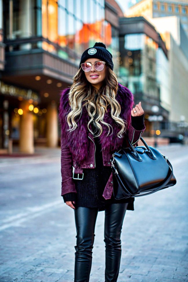 mn fashion blogger mia mia mine wearing a burgundy suede jacket from nordstrom and a black turtleneck