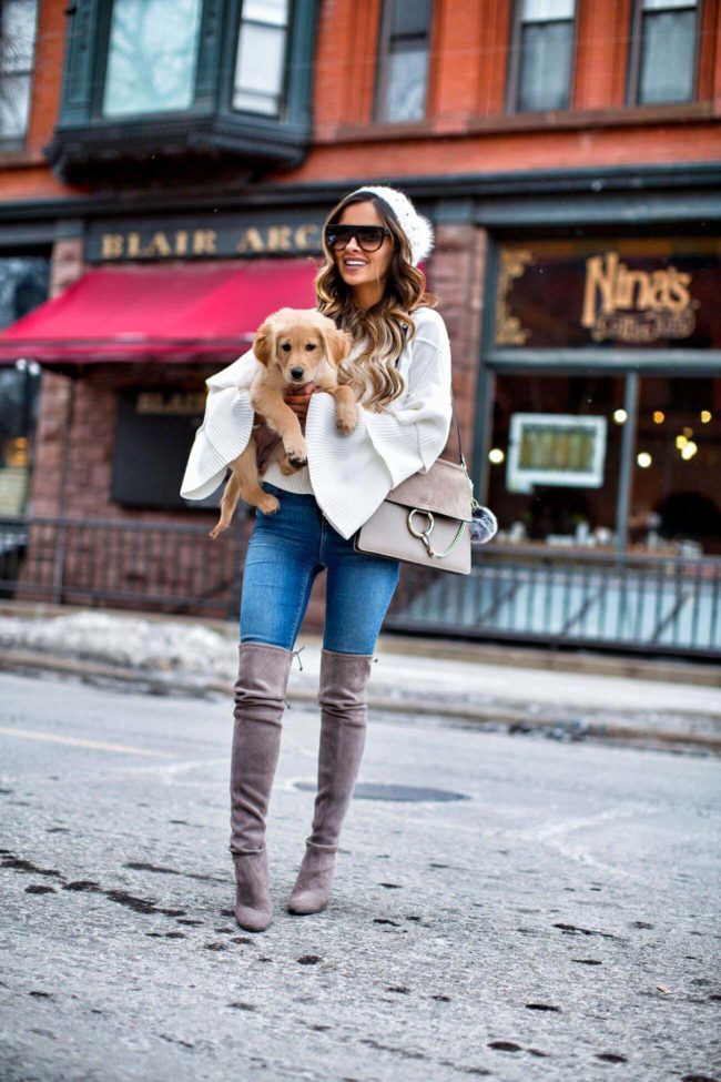 fashion blogger mia mia mine with golden retriever puppy in st. paul minnesota