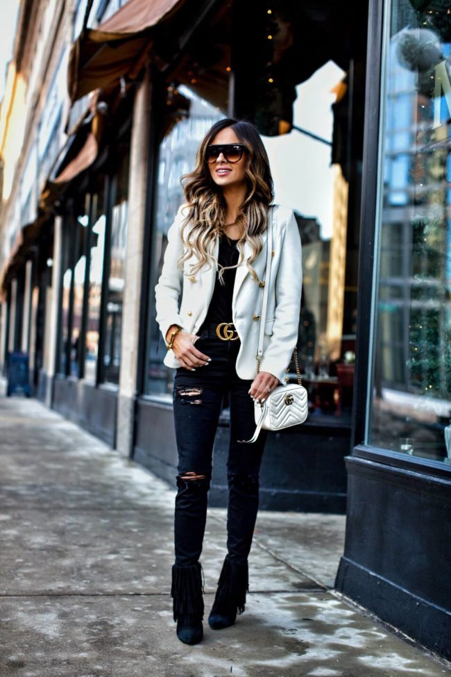 fashion blogger mia mia mine wearing a white blazer and white gucci marmont bag