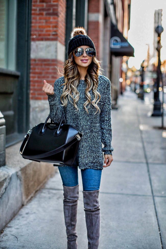 fashion blogger mia mia mine in a gray sweater from revolve and stuart weitzman over-the-knee boots