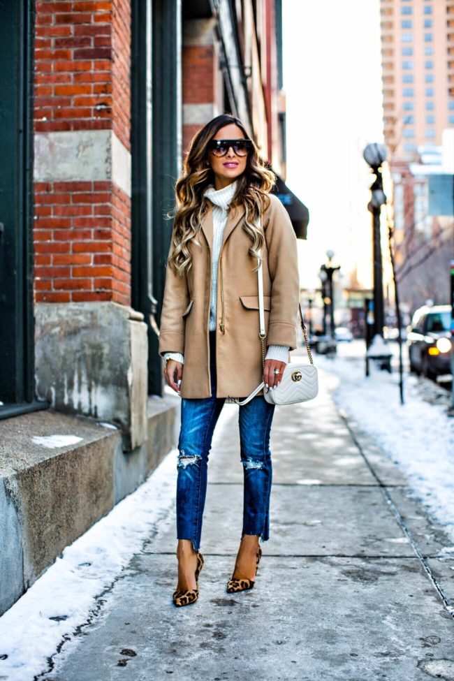 fashion blogger mia mia mine wearing a topshop camel coat and distressed jeans