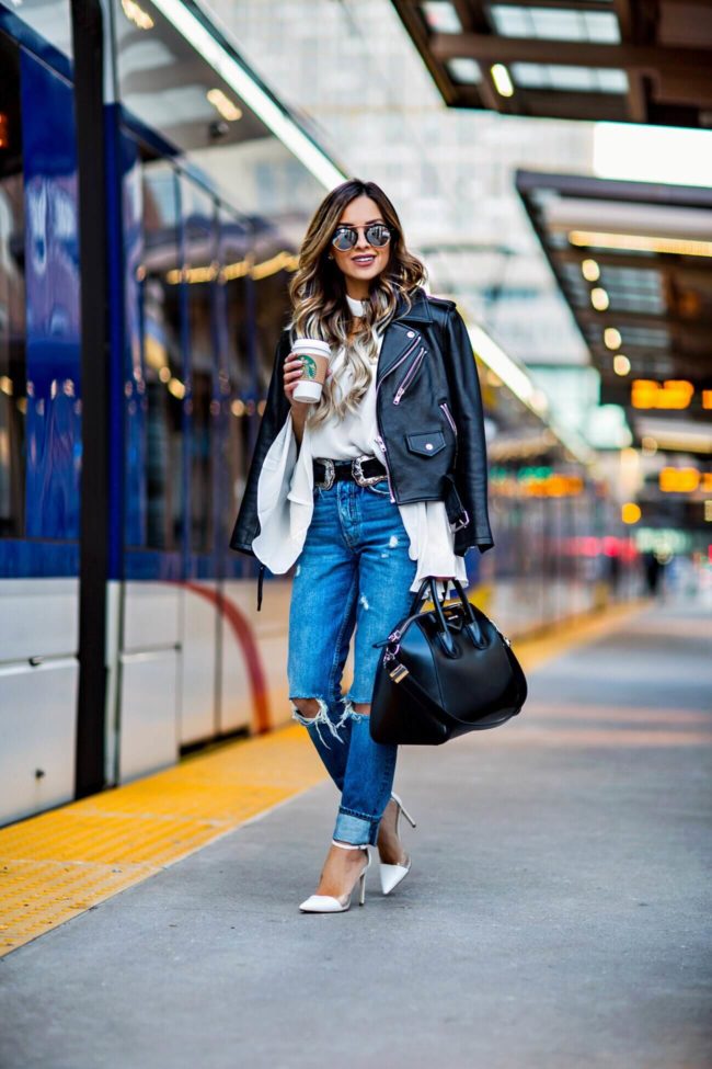 fashion blogger mia mia mine wearing a kate spade leather jacket, a b-low the belt double buckle belt and a givenchy antigona bag