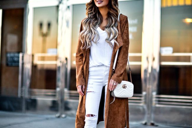 fashion blogger mia mia mine wearing a bb dakota suede coat and white topshop jeans