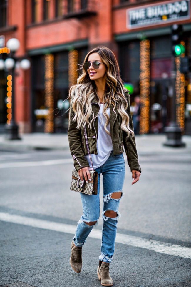 fashion blogger mia mia mine wearing a khaki suede jacket from blanknyc and lovers + friends denim