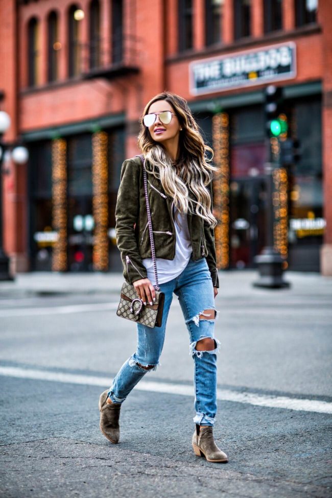 fashion blogger mia mia mine wearing lovers + friends distressed denim and a blank denim suede jacket