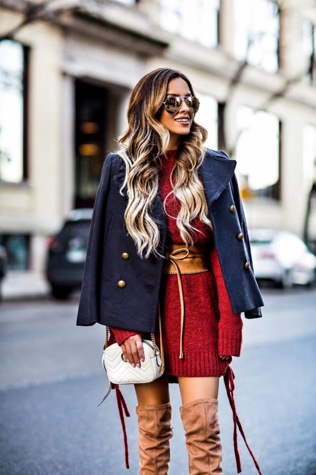 fashion blogger mia mia mine wearing a lace-up sweater dress by lovers + friends from revolve and quay aviator sunglasses from shopbop