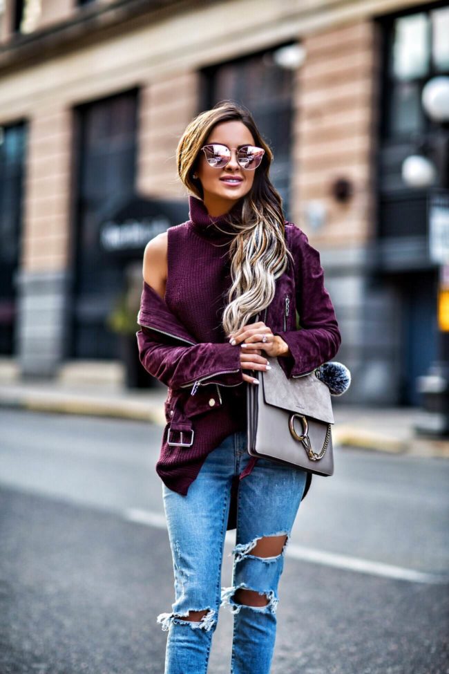 fashion blogger mia mia mine wearing quay rose colored sunglasses and lovers + friends ripped jeans from revolve