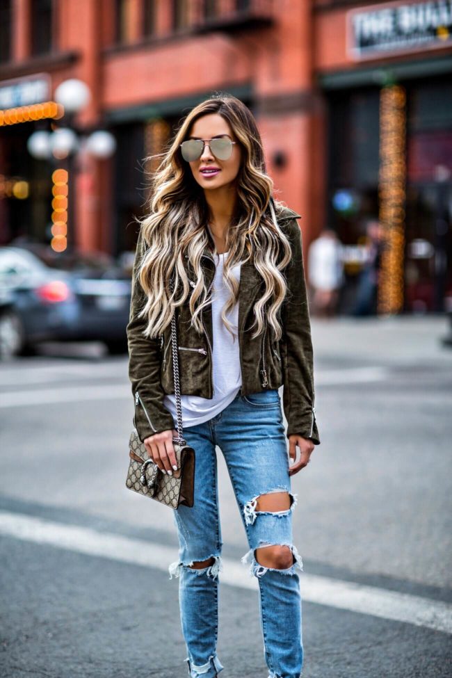 fashion blogger mia mia mine wearing a blanknyc suede jacket and lovers + friends distressed denim